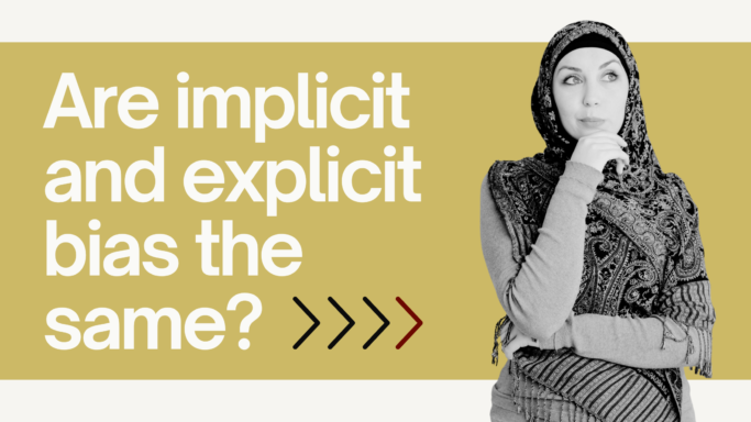 Are implicit and explicit bias the same? Image of a woman wearing a headscarf with a contemplative face. 