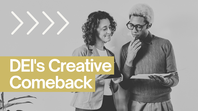 DEI's Creative Comeback. Image of a Black man and a white woman looking at an iPad.